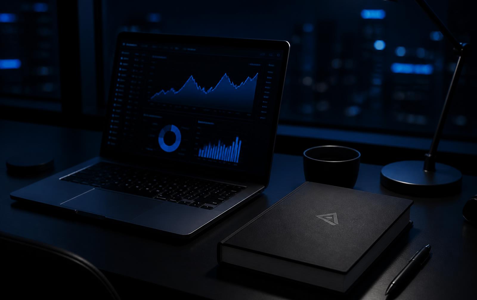 Bureau nocturne avec tableau de bord d'investissement automatisé en bleu